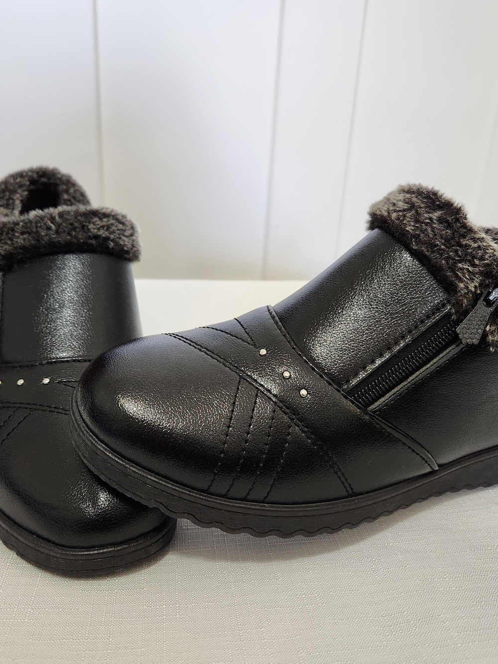 Black Faux Leather Fur-Lined Slip-On Ankle Shoes